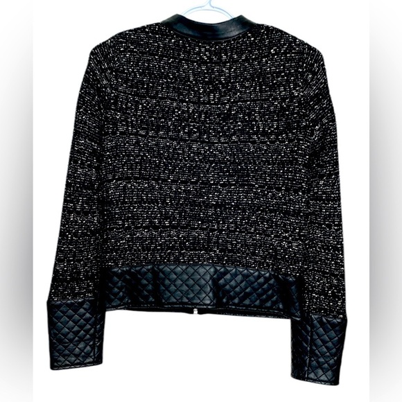 Club Monaco Black & White Zip Up Jacket w Pockets Wool Blend w Vegan Leather - Picture 4 of 7